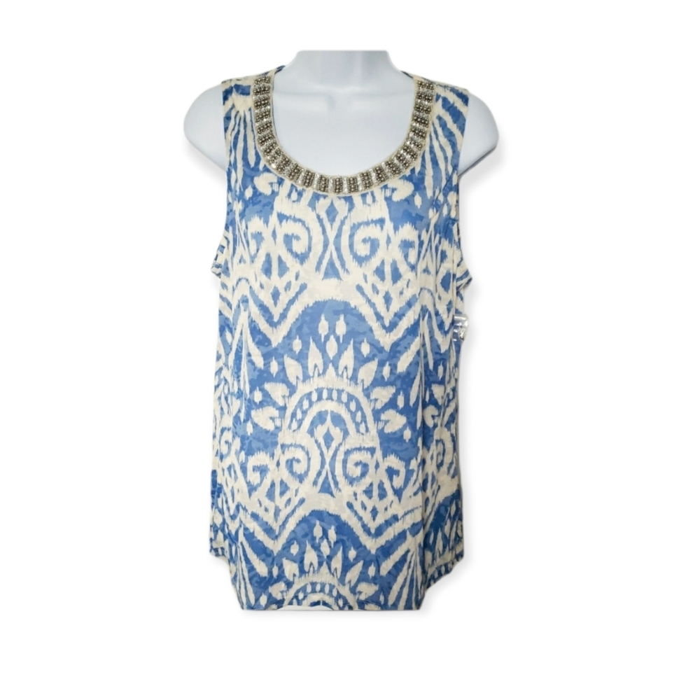 NEW! Beaded Neckline and Print Blouse - XL